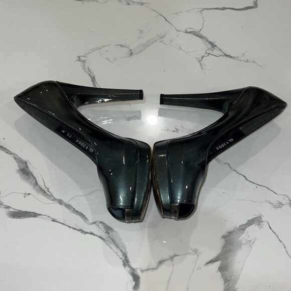 STUART Weitzman Shiny Gray peep toe platform evening prom high heels size 7.5 M - Picture 4 of 16
